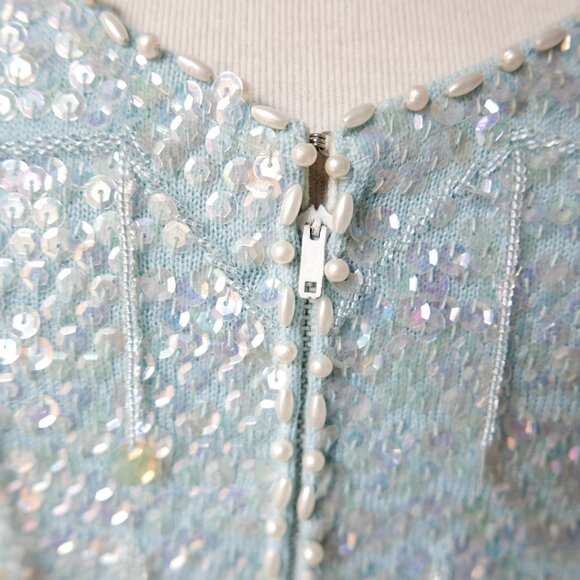 Light Blue Beaded Sequin Cardigan Sweater Top - Picture 9 of 10